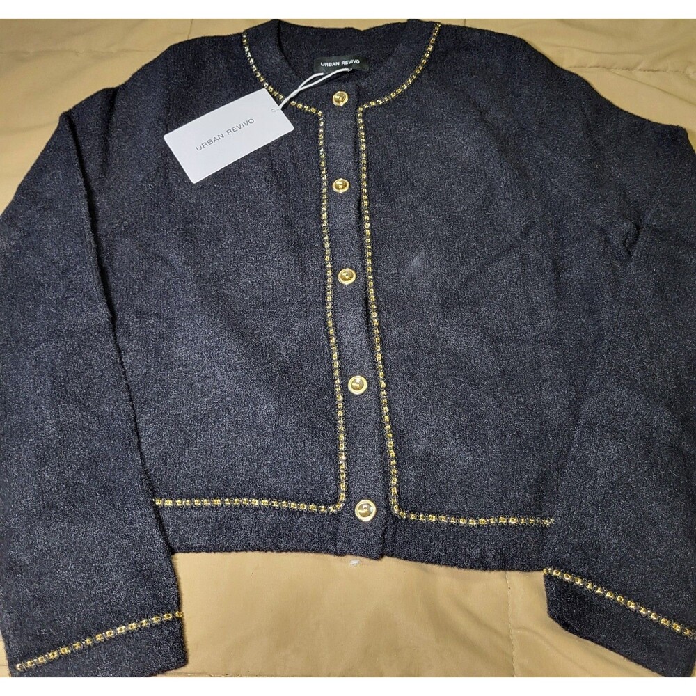 Urban Revivo Cardigan NWT Gold Button Trim Tweed Style Boucle Knit Jacket S/M - Picture 2 of 7